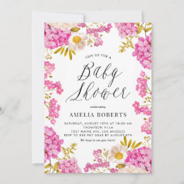 マゼンタウォーターカラーアジサイフローラベビーシャワー 招待状