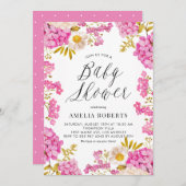 マゼンタウォーターカラーアジサイフローラベビーシャワー 招待状 (正面/裏面)