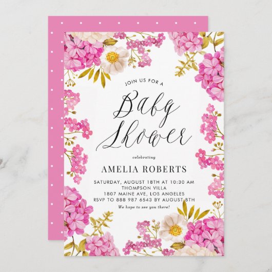 マゼンタウォーターカラーアジサイフローラベビーシャワー 招待状 (正面/裏面)