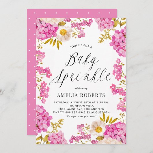 マゼンタウォーターカラーアジサイフローラベビー散布 招待状 (正面/裏面)