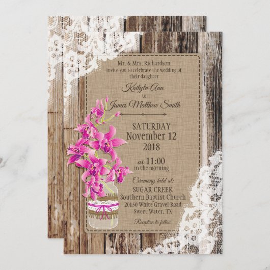 マゼンタオーキッドウッ素朴ドレ結婚ースズ 招待状 (正面/裏面)