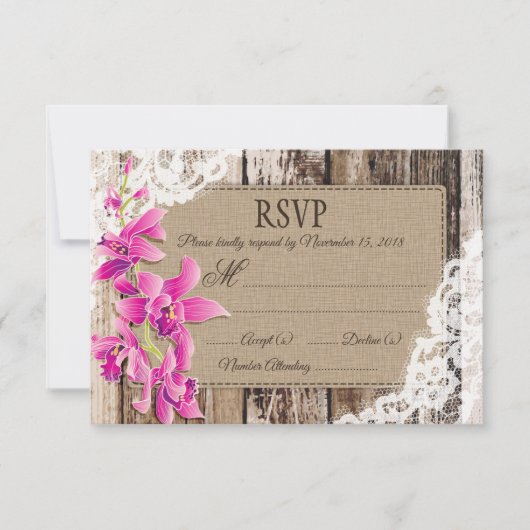 マゼンタオーキッドフラワーズウッドレース素朴RSVPカード 出欠カード (正面)