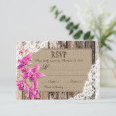 マゼンタオーキッドフラワーズウッドレース素朴RSVPカード 出欠カード (スタンド正面)