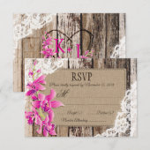 マゼンタオーキッドフラワーズウッドレース素朴RSVPカード 出欠カード (正面/裏面)