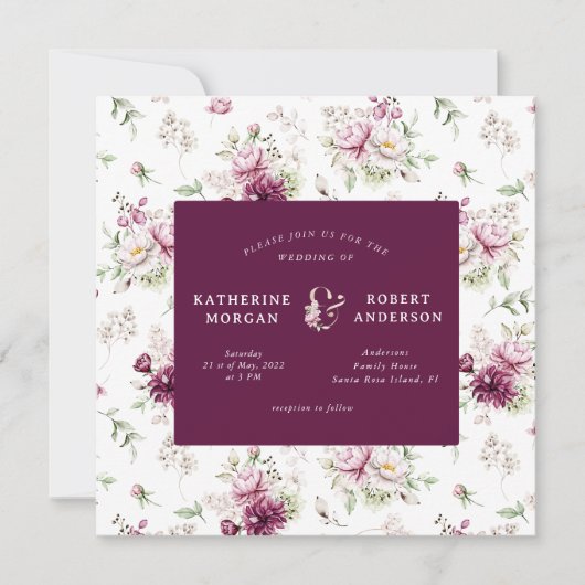 マゼンタガーデンフローラス結婚クエア 招待状 (正面)