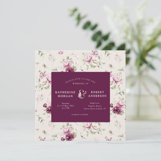 マゼンタガーデンフローラ正方形結婚式招待状 招待状 (スタンド正面)