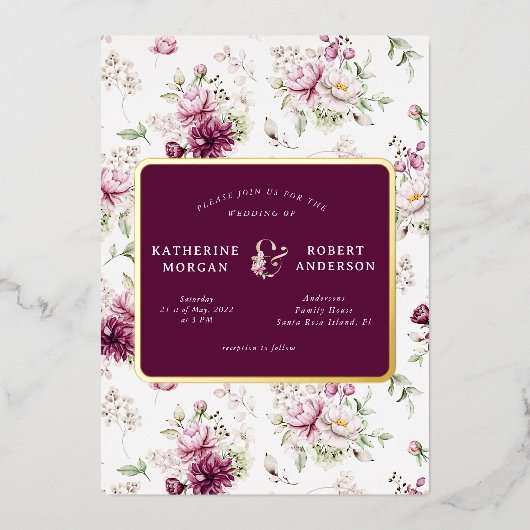 マゼンタガーデンフローラ結婚式招待状フォイル 箔招待状 (正面)
