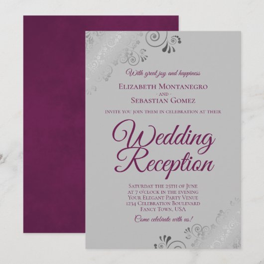 マゼンタグレーシルバーフリル結婚式の披露宴 招待状 (正面/裏面)