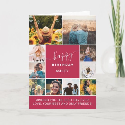 マゼンタシンプル誕生日10フォトコラージンググリッド カード (正面)
