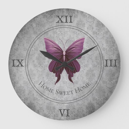 マゼンタジュエリー蝶 ラージ壁時計 (正面)