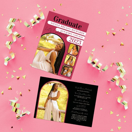 マゼンタタイポグラフィ写真の卒業発表 招待状