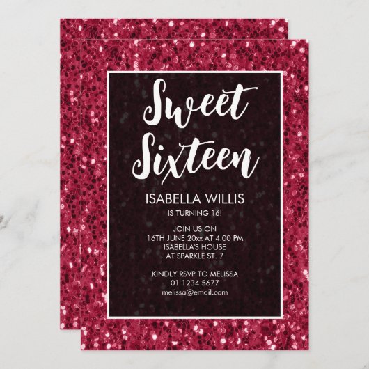 マゼンタダークピンクのスパークルスウィート16エレガントスクリプト 招待状 (正面/裏面)