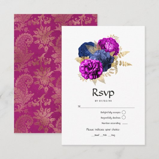 マゼンタネイビーゴールドのフラワーブライダル 出欠カード (正面/裏面)