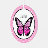 マゼンタバタフライ水玉模様 パーソナライズされた メタルオーナメント (正面左)