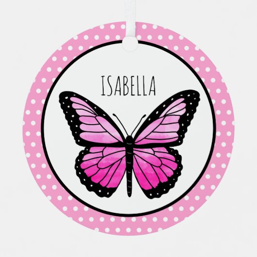 マゼンタバタフライ水玉模様 パーソナライズされた メタルオーナメント (正面)