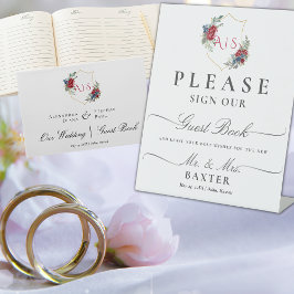 マゼンタバラ水彩植物紋章モノグラム 台座サイン