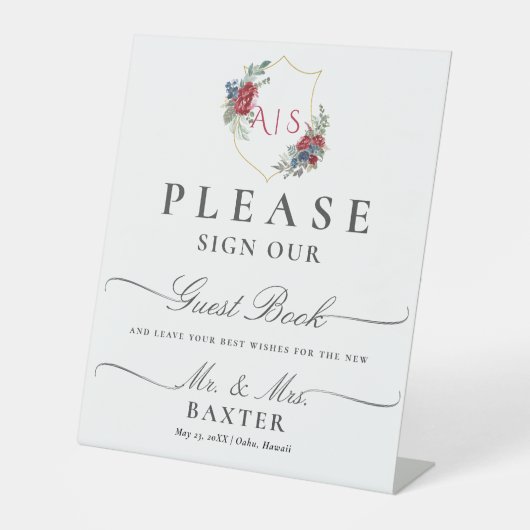 マゼンタバラ水彩植物紋章モノグラム 台座サイン (正面)