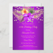 マゼンタパープルイエロー金ゴールドパームフローラ誕生日 招待状 (正面)