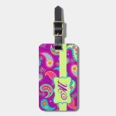 マゼンタパープルグリーンモダンペイズリーモノグラム ラゲッジタグ (正面縦)