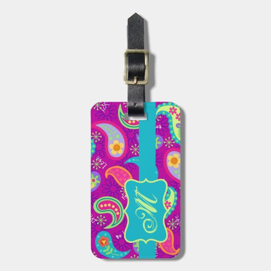 マゼンタパープルターコイズモダンペイズリーパターン ラゲッジタグ (正面縦)
