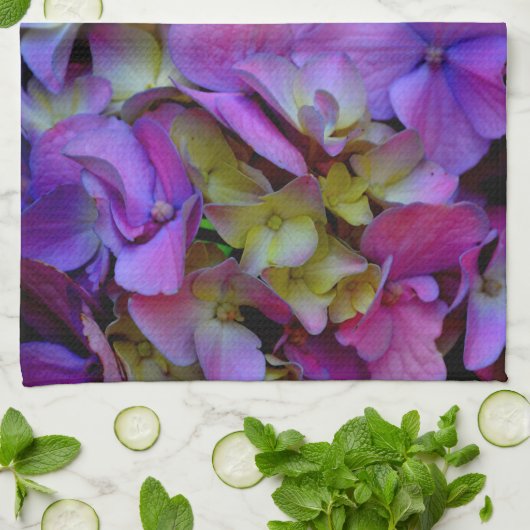 マゼンタパープルブルーイエローアジサイ花 キッチンタオル (折り畳み)
