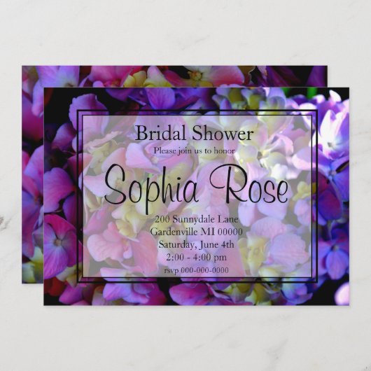 マゼンタパープルブルーイエローアジサイ花 招待状 (正面/裏面)
