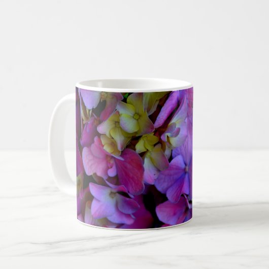 マゼンタパープルブルーイエローハイドレンジアの花 コーヒーマグカップ (正面左)