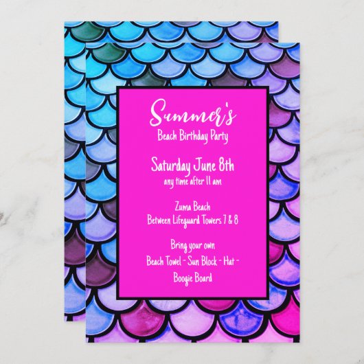 マゼンタパープルブルーマーメイドはかりで測ビーチ誕生日 招待状 (正面/裏面)