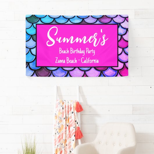 マゼンタパープルブルーマーメイドはかりで測ビーチ誕生日 横断幕 (インサイチュ)