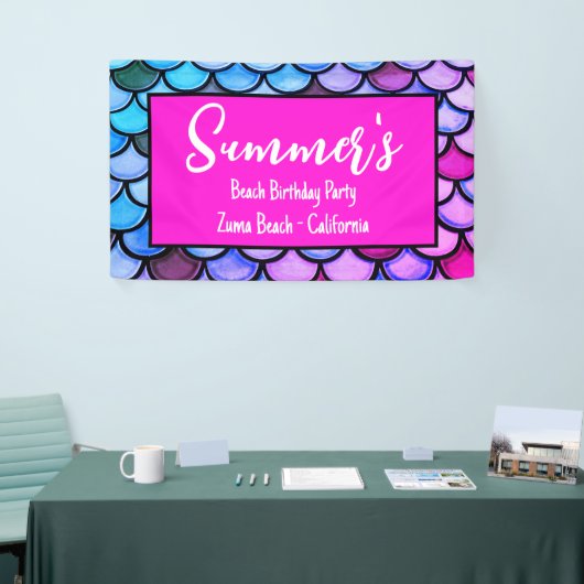 マゼンタパープルブルーマーメイドはかりで測ビーチ誕生日 横断幕 (トレードショー)
