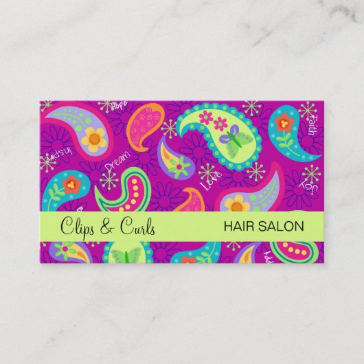 マゼンタパープルライムグリーンモダンペイズリーパターン 名刺 (正面)