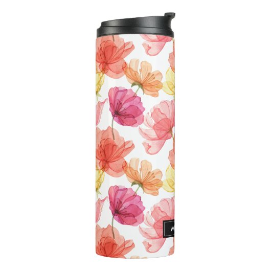 マゼンタピンクとオレンジ色の水カラーフローラ タンブラー (回転左)
