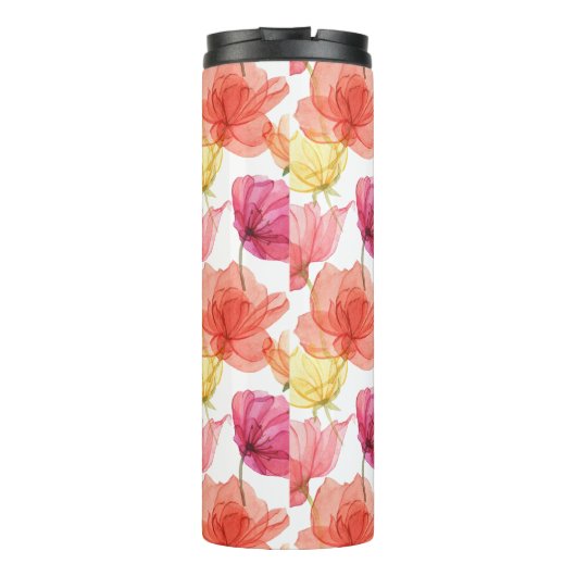 マゼンタピンクとオレンジ色の水カラーフローラ タンブラー (裏面)