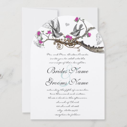 マゼンタピンクとグレーのヴィンテージの鳥の森結婚の 招待状 (正面)