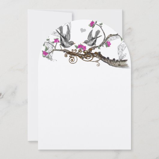 マゼンタピンクとグレーのヴィンテージの鳥の森結婚の 招待状 (裏面)