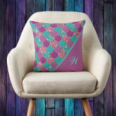 マゼンタピンクとティール（緑がかった色）マーメイドはかりで測とイニシャル クッション