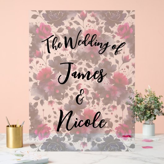 マゼンタピンクとブルーインクフローラの水色結婚の色 アクリルサイン (ウェディング)