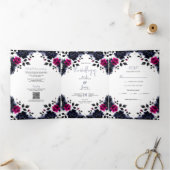 マゼンタピンクとブルーインクフローラの水色結婚の色 三つ折り招待状 (内部)