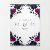 マゼンタピンクとブルーインクフローラの水色結婚の色 三つ折り招待状 (カバー)