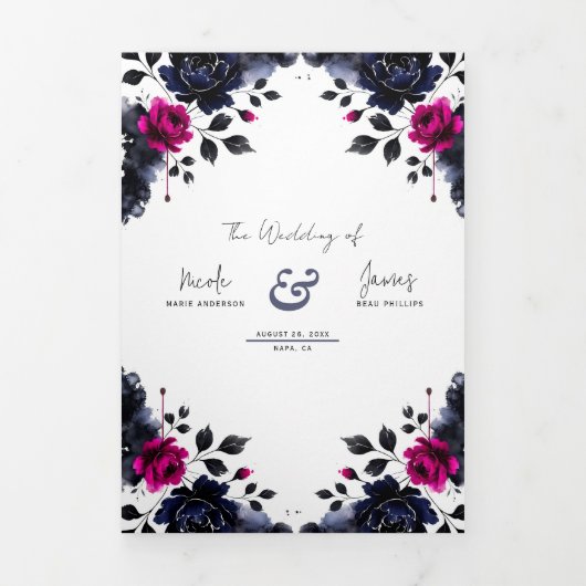 マゼンタピンクとブルーインクフローラの水色結婚の色 三つ折り招待状 (カバー)