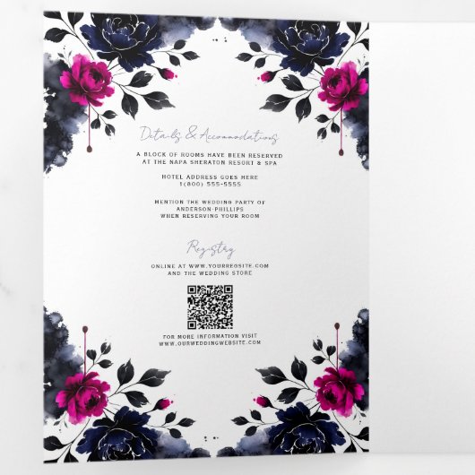 マゼンタピンクとブルーインクフローラの水色結婚の色 三つ折り招待状 (内部最初)