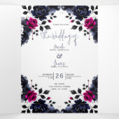 マゼンタピンクとブルーインクフローラの水色結婚の色 三つ折り招待状 (内部中)