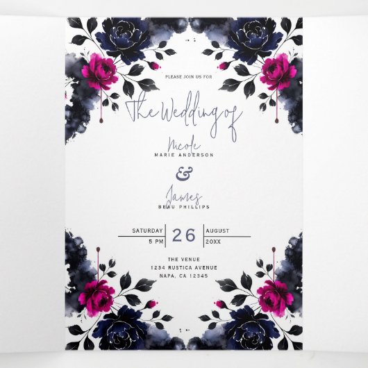 マゼンタピンクとブルーインクフローラの水色結婚の色 三つ折り招待状 (内部中)