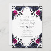 マゼンタピンクとブルーインクフローラの水色結婚の色 招待状 (正面)