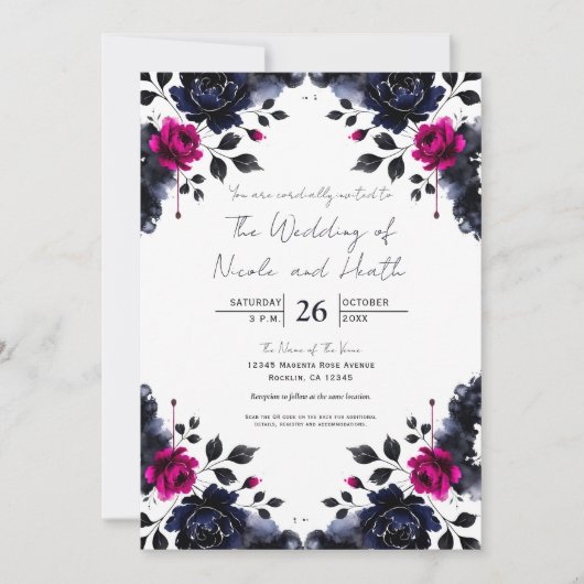 マゼンタピンクとブルーインクフローラの水色結婚の色 招待状 (正面)