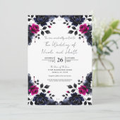 マゼンタピンクとブルーインクフローラの水色結婚の色 招待状 (スタンド正面)