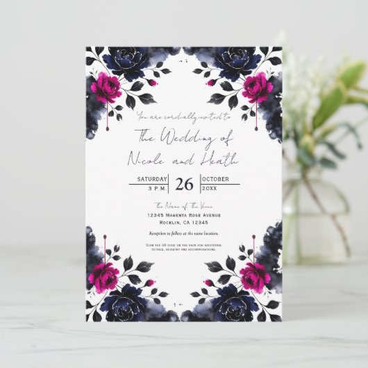 マゼンタピンクとブルーインクフローラの水色結婚の色 招待状 (スタンド正面)