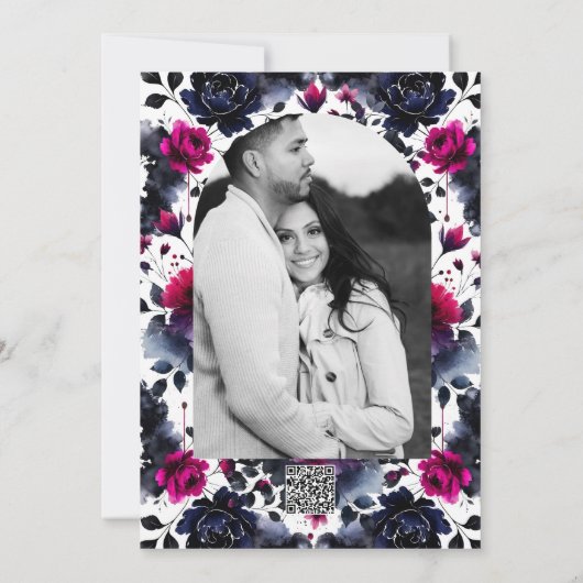 マゼンタピンクとブルーインクフローラの水色結婚の色 招待状 (裏面)