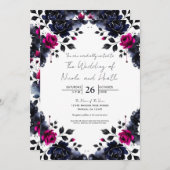 マゼンタピンクとブルーインクフローラの水色結婚の色 招待状 (正面/裏面)