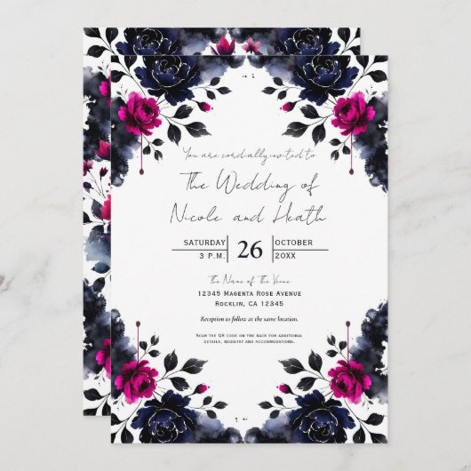 マゼンタピンクとブルーインクフローラの水色結婚の色 招待状 (正面/裏面)